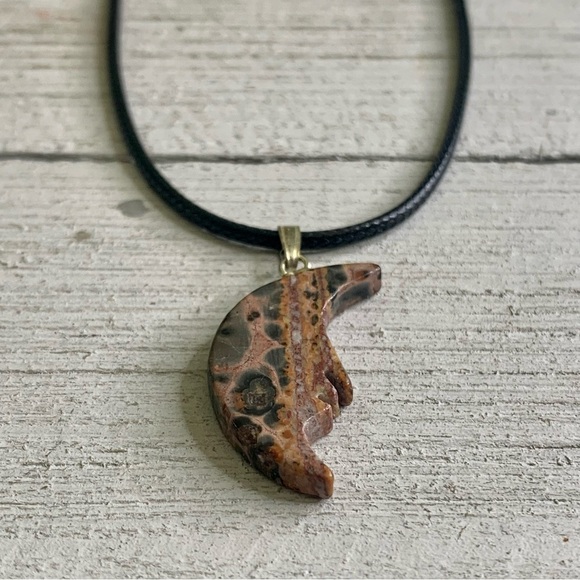 Leopardskin Jasper Carved Man in the Moon Face Pendant Necklace Chakra Healing - Picture 3 of 8